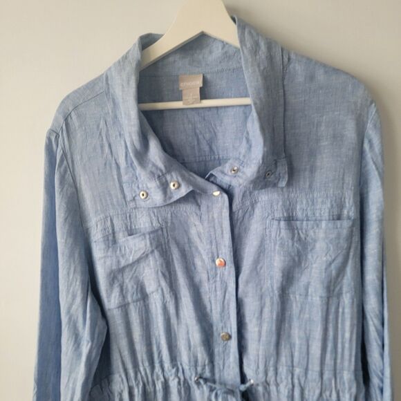 Chicos Womens 100% Linen Cross Utility Jacket sz 16/18 Drawstring Snap Down Blue - Picture 3 of 9